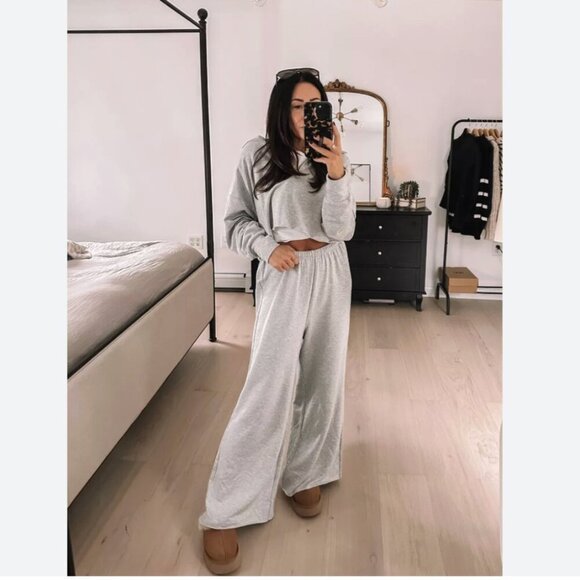 Aerie Offline Ott Fleece Super Wide Leg Lounge Sweat Pant Beach Tan Size Small - Picture 4 of 11